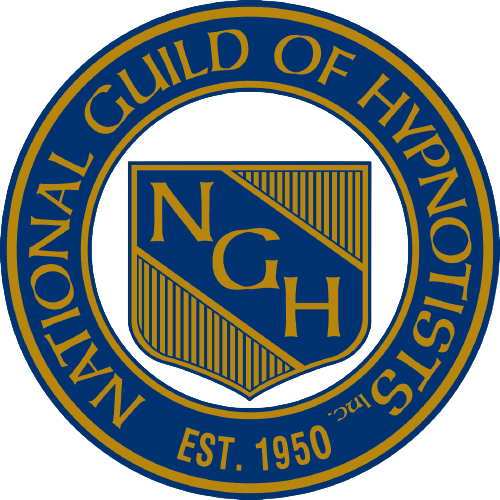 Round badge of the National Guild Of Hypnotists, with dark blue and gold colors