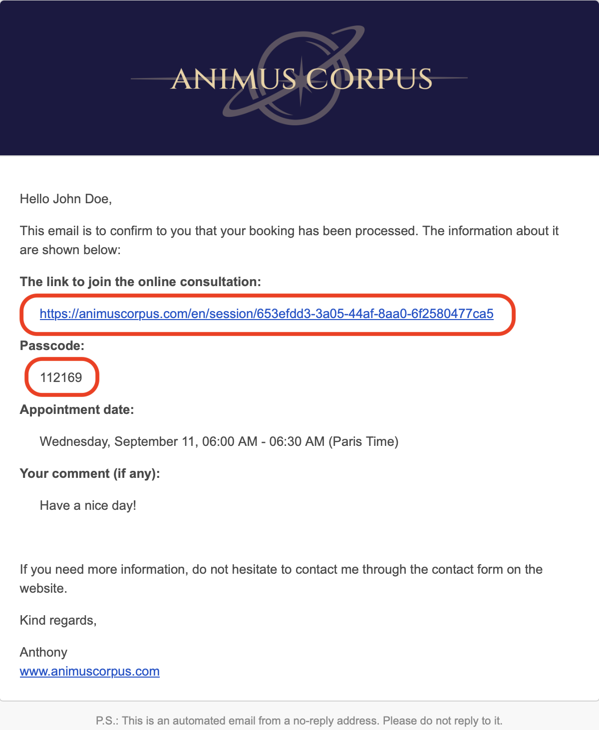 Image showing what the link looks like in the confirmation email.