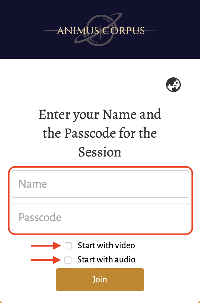 Image showing the button to enter your name and enable audio.